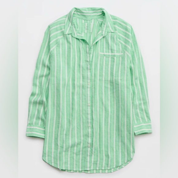 NWT Aerie Linen Blend Cover Up Green Striped Shirt Pool coastal beachy Pastel XS - Picture 5 of 12